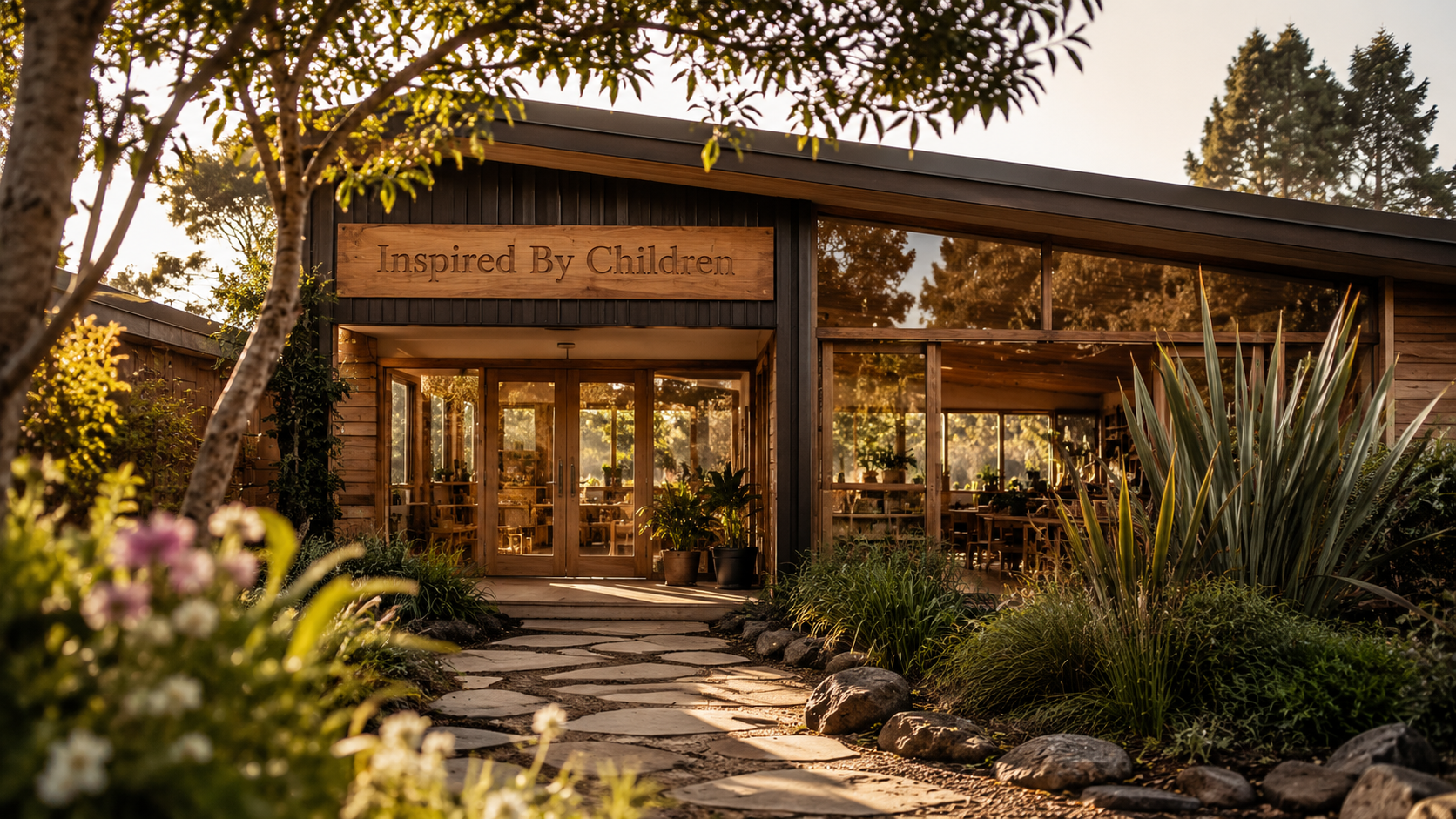 Morning light on the timber entrance of an Inspired By Children learning centre, with a stone pathway winding through native gardens
