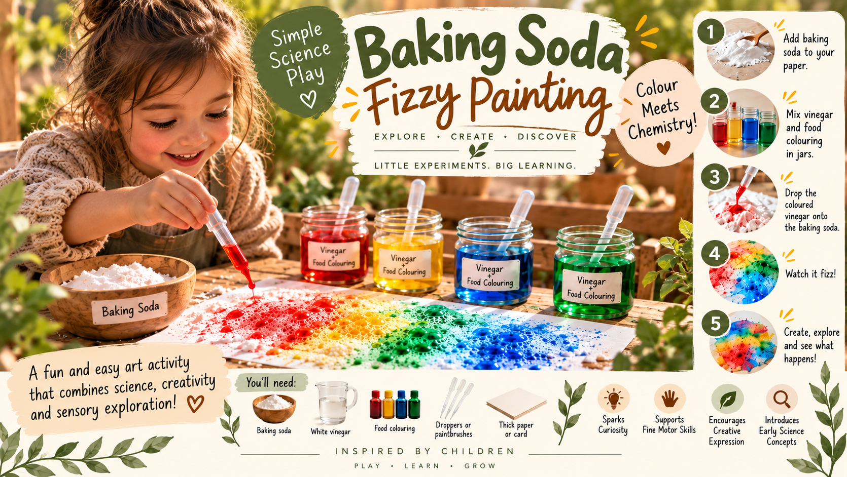 Baking Soda Fizzy Painting Pinterest content by Inspired By Children, showing a child's colourful science play experiment