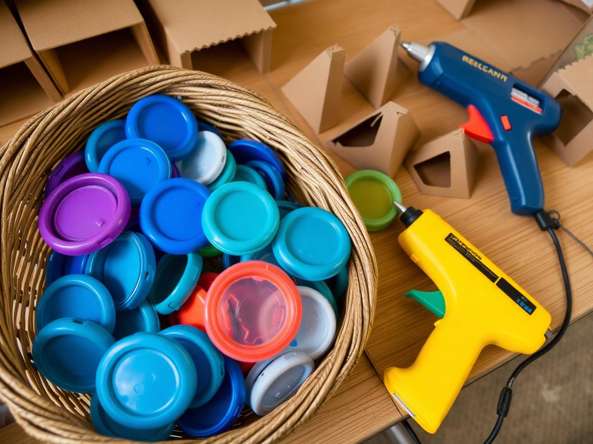 A basket of small drink bottle lids beside a glue gun and cardboard pieces
