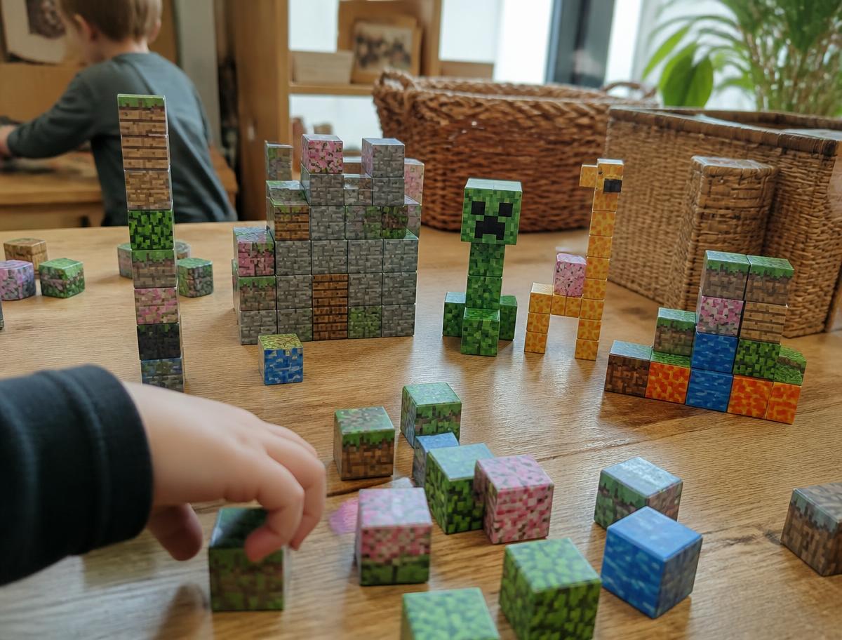 Small magnetic cubes with Minecraft-style printed textures built by children into a tower, a small castle, a creeper and a giraffe on a timber classroom table